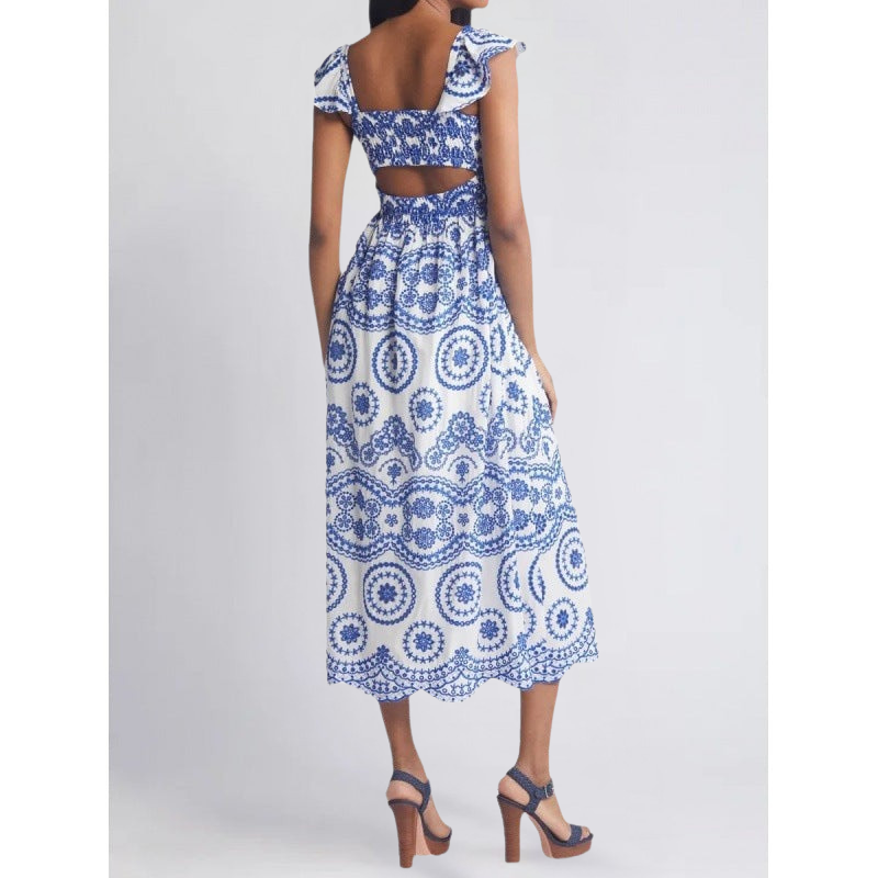 Women’s Midi Dress – Lightweight Cotton – Relaxed Fit – Ruffle Sleeve – Square Neck