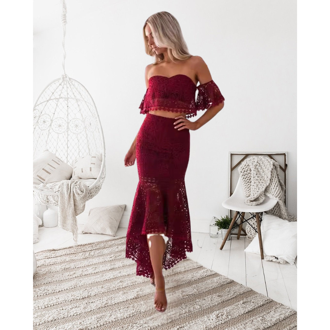 Women’s Two-Piece Set – Lace Off-Shoulder Bustier Top – High Waist Midi Pencil Skirt