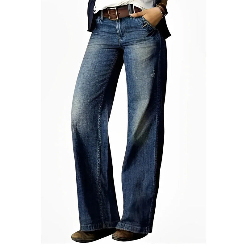 Women’s Wide-Leg Pants – Relaxed Fit – Full Length – Denim Look – Seam Detail