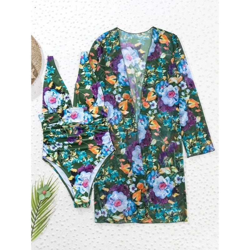 Women’s Three-Piece Swimsuit Set – Deep V-Neck – Floral Print – Sheer Long Sleeve Cover-Up