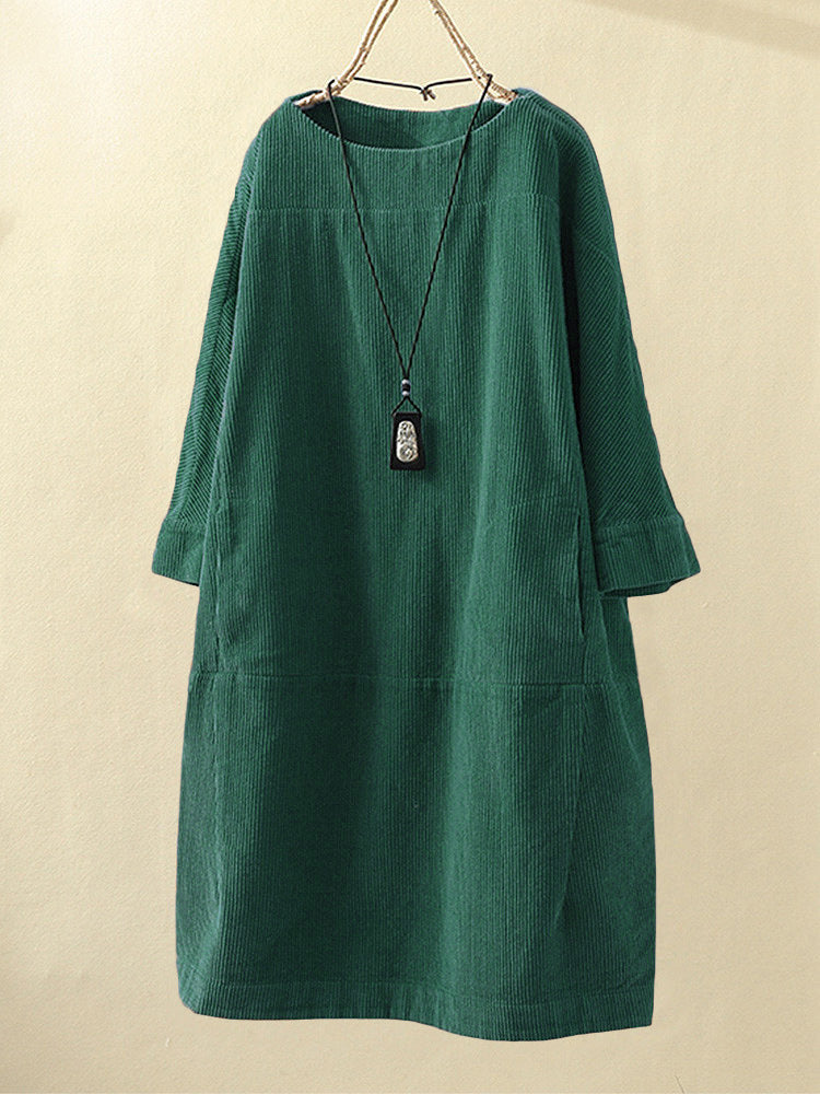 Women’s Corduroy Dress – Relaxed Fit – Midi Length – Round Neck – 3/4 Sleeve Casual