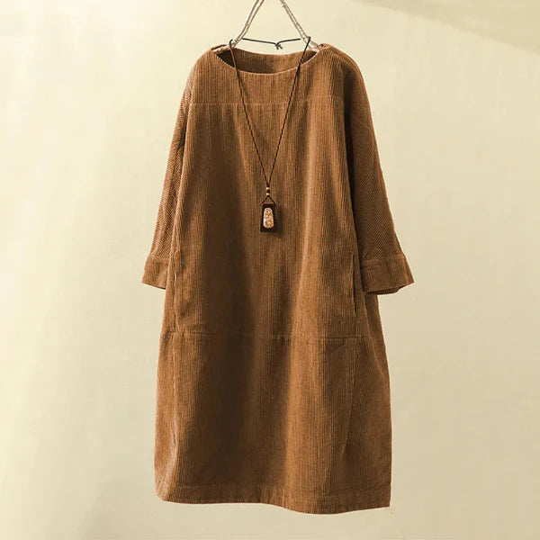 Women’s Corduroy Dress – Relaxed Fit – Midi Length – Round Neck – 3/4 Sleeve Casual