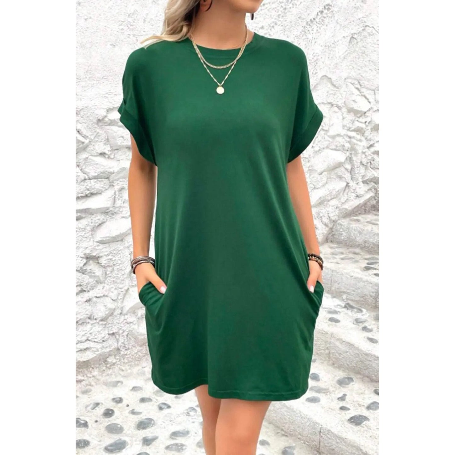 Women’s Short Dress - Belted Waist - Round Neck - Dolman Sleeves - Relaxed Fit