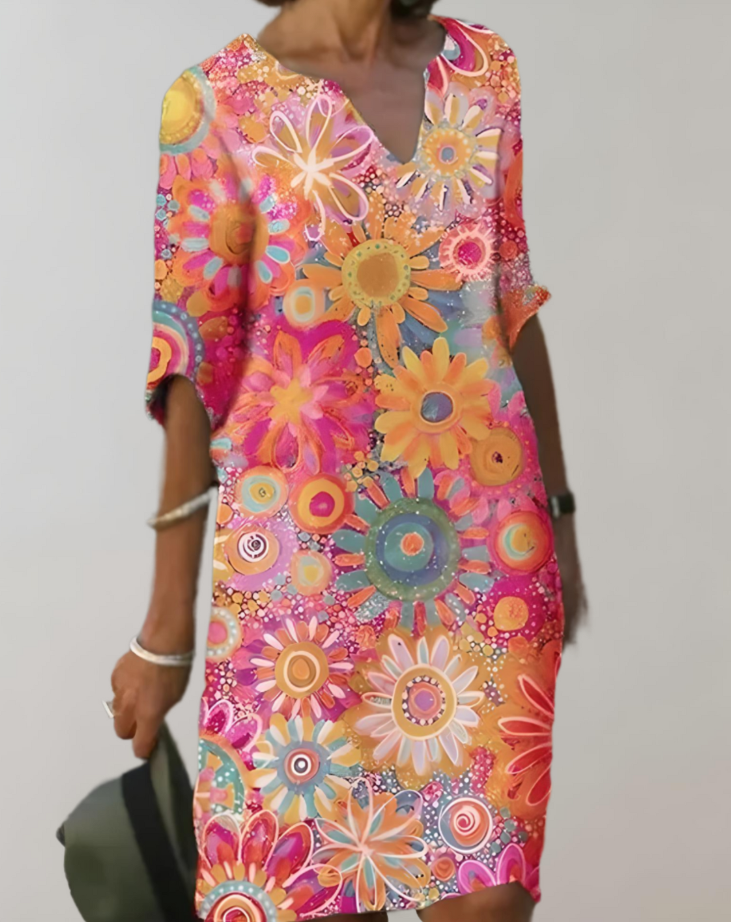 Women's Casual Dress - V-Neck - Loose Fit - Three-Quarter Sleeve - Lightweight Fabric