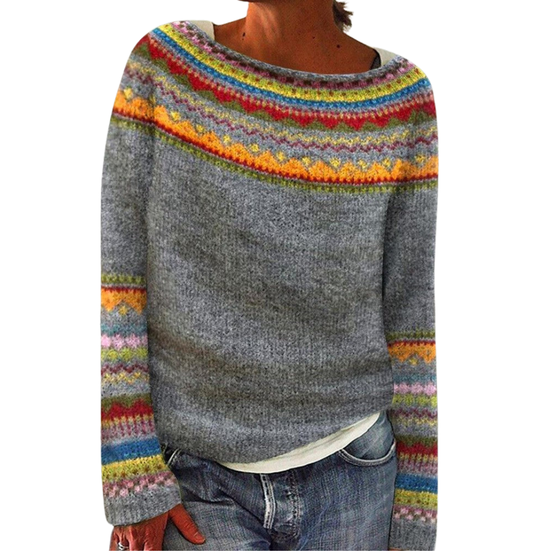 Amelia Relaxed Fit Sweater | Boat Neck Fair Isle Hip-Length Sweater