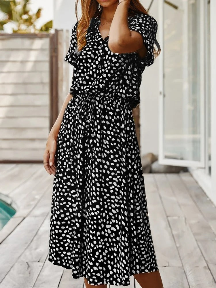 Women’s Midi Dress – Relaxed Fit – Breathable Blend – Button Front – Waist Tie