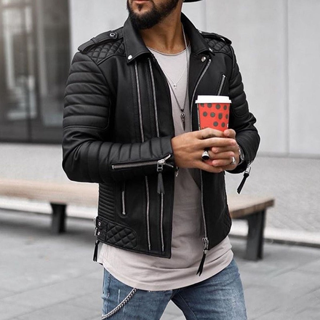 Men’s Jacket – Faux Leather – Slim Fit – Quilted Panels – Zipper Detail