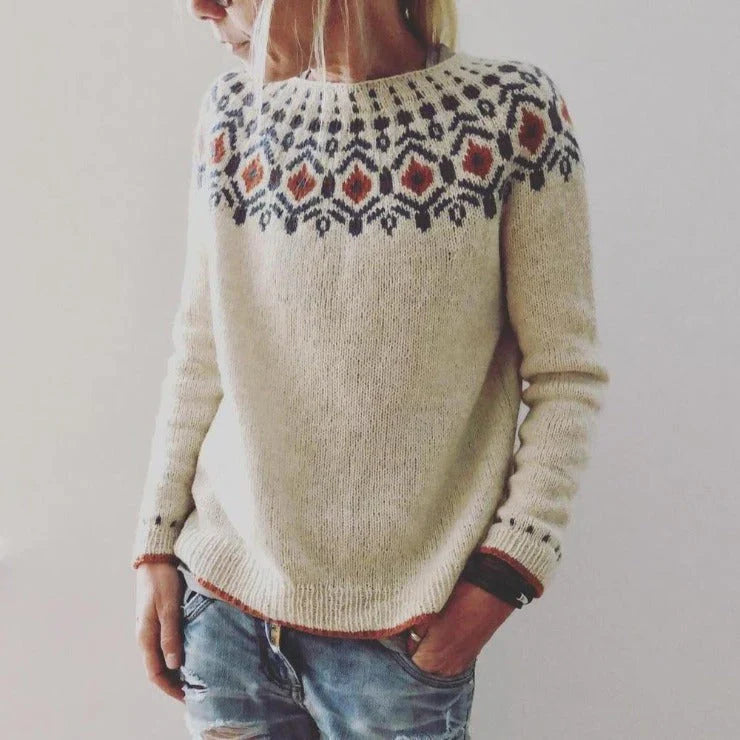 Women’s Pullover Sweater – Relaxed Fit – Wool Knit – Fair Isle Yoke – Ribbed Trim