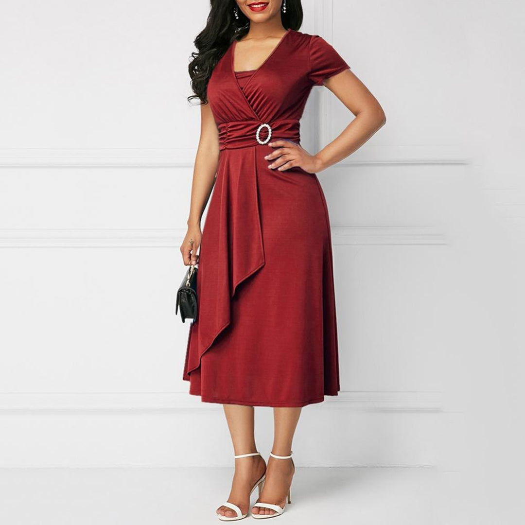 Women's Midi Dress - Wrap V-Neck - Short Sleeve A-Line - Belted Waist Elegant Fit