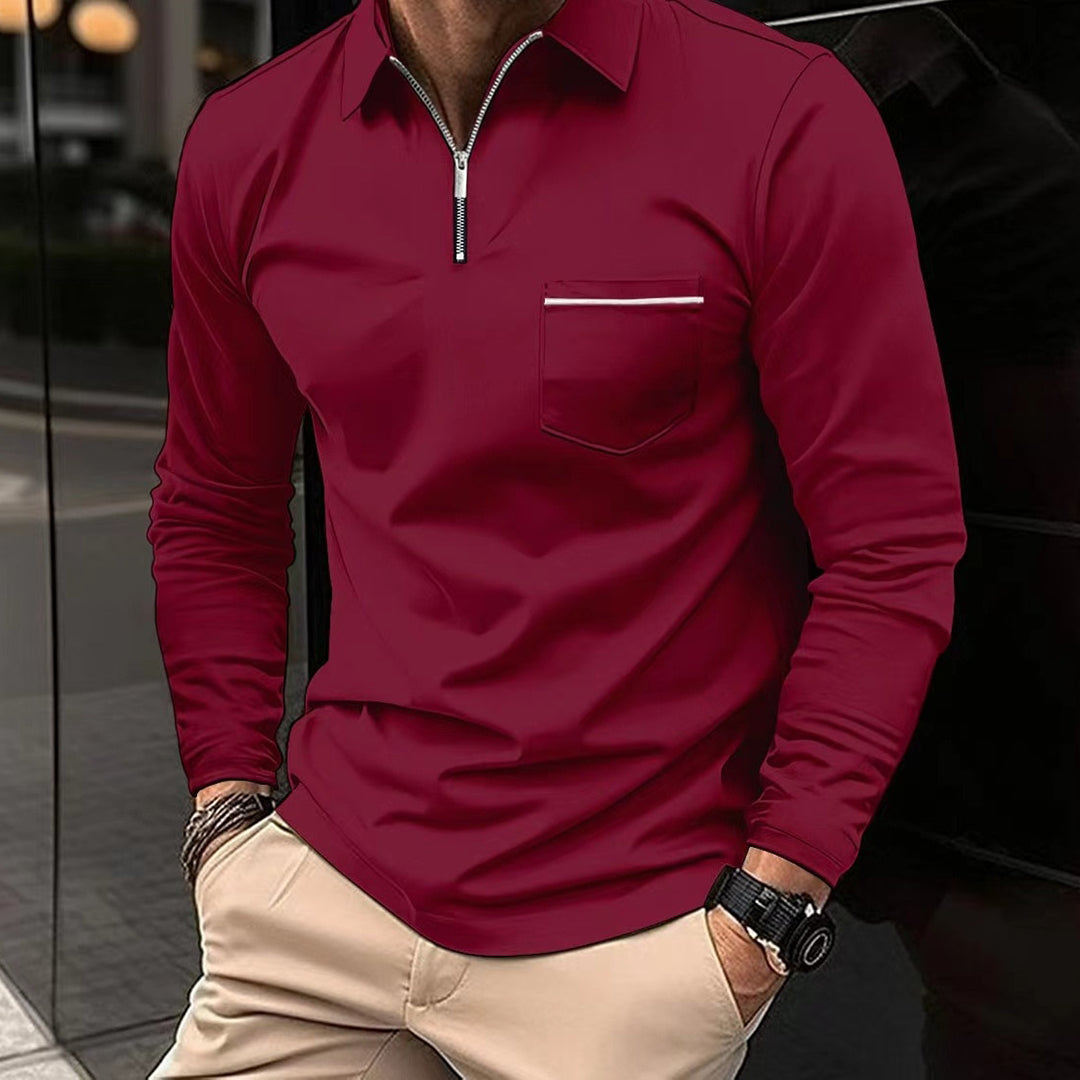 Men’s Long-Sleeve Shirt - Slim Fit Zip Collar - Chest Pocket - Casual & Sporty