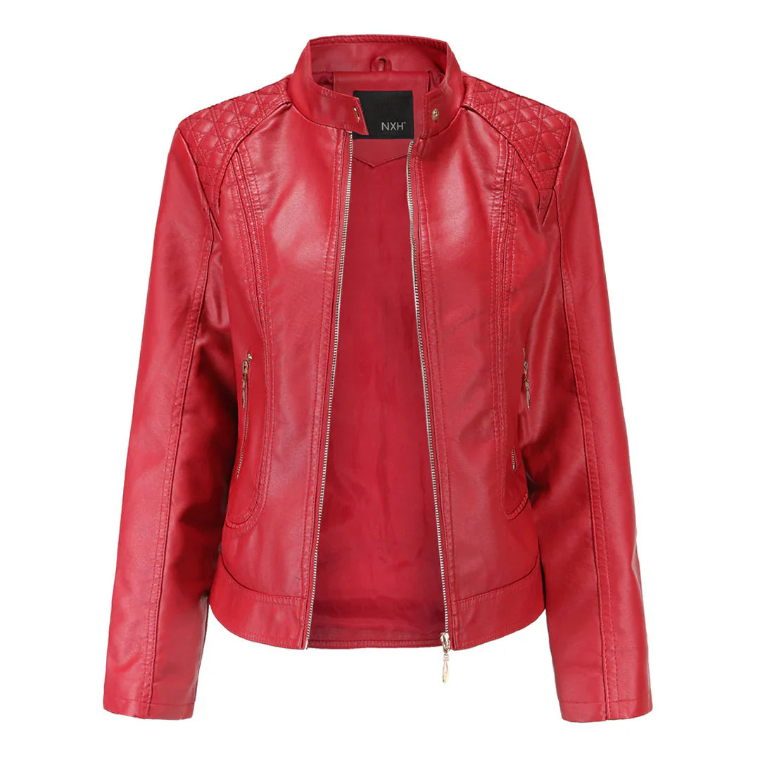 Women’s Leather Jacket – Slim Fit – Quilted Shoulders – Stand Collar – Zippered Pockets