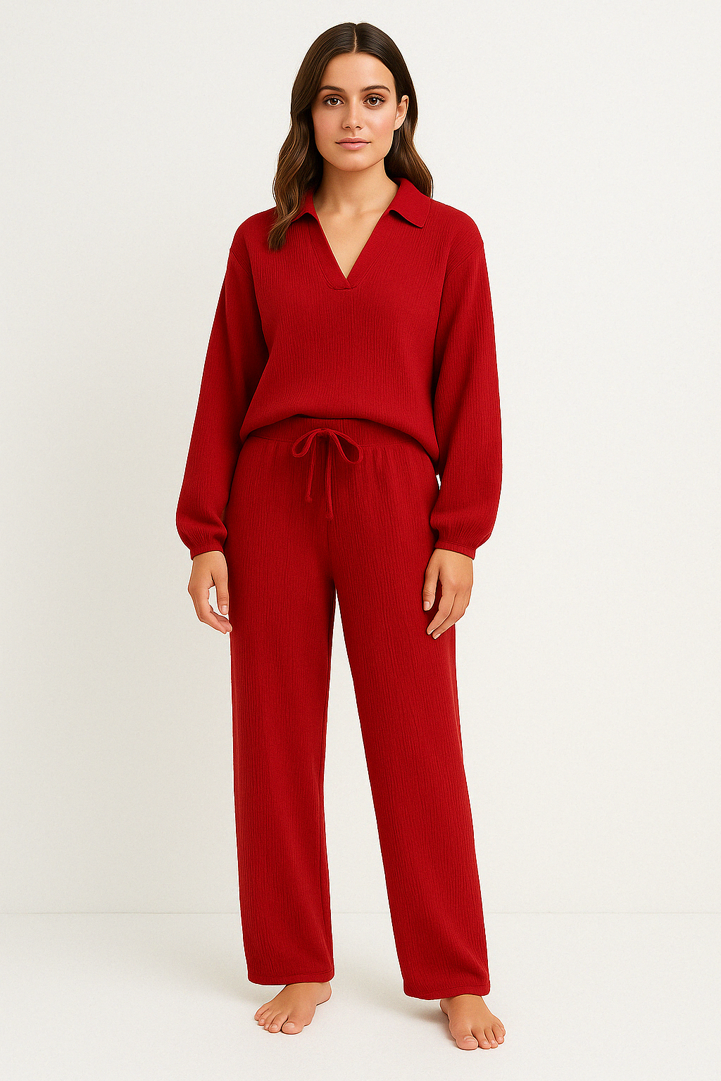 Women’s Lounge Set – Relaxed Fit – Long Sleeve V-Neck Top – Drawstring Pants