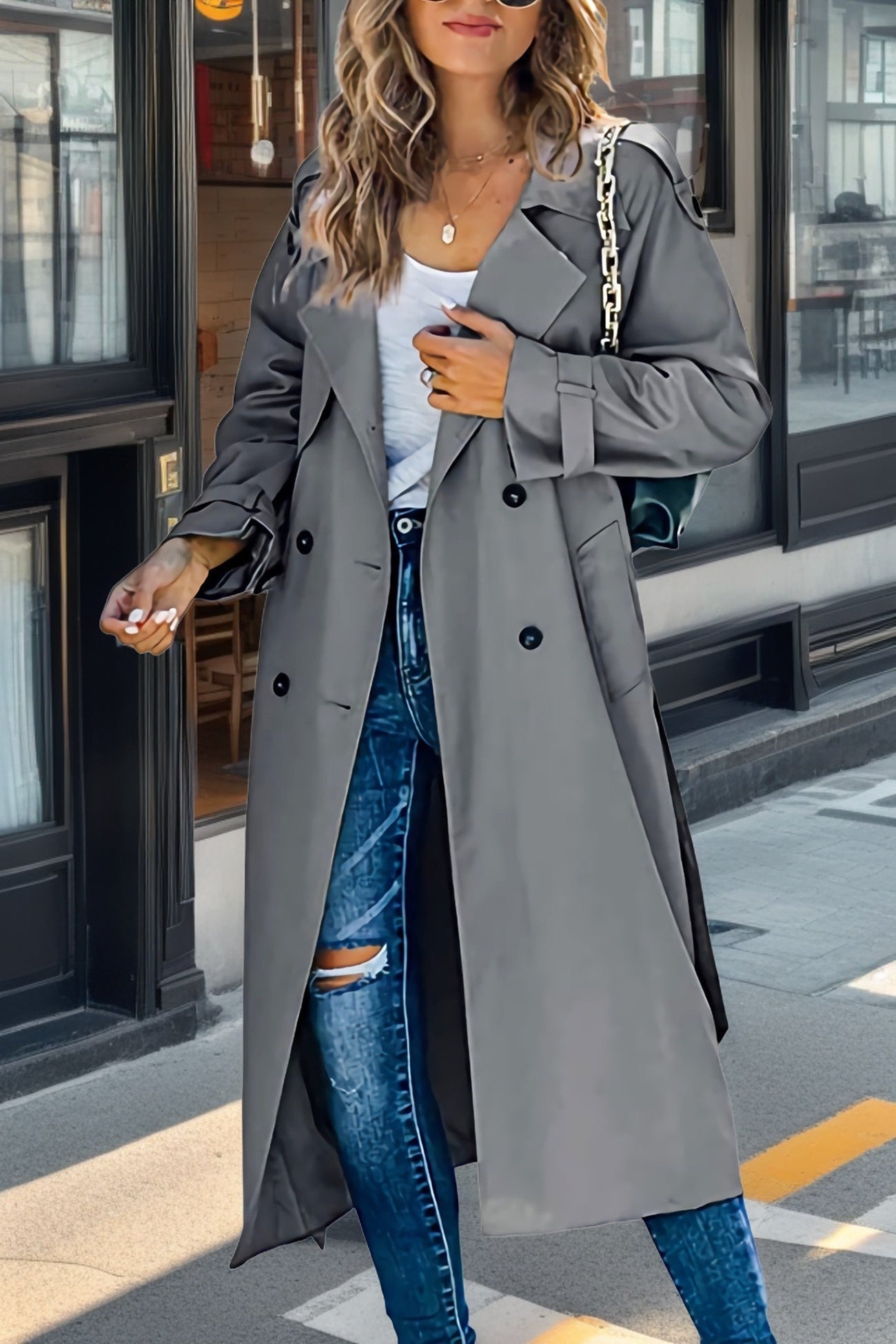 Women’s Trench Coat – Relaxed Fit – Full Length – Double-Breasted – Breathable Blend