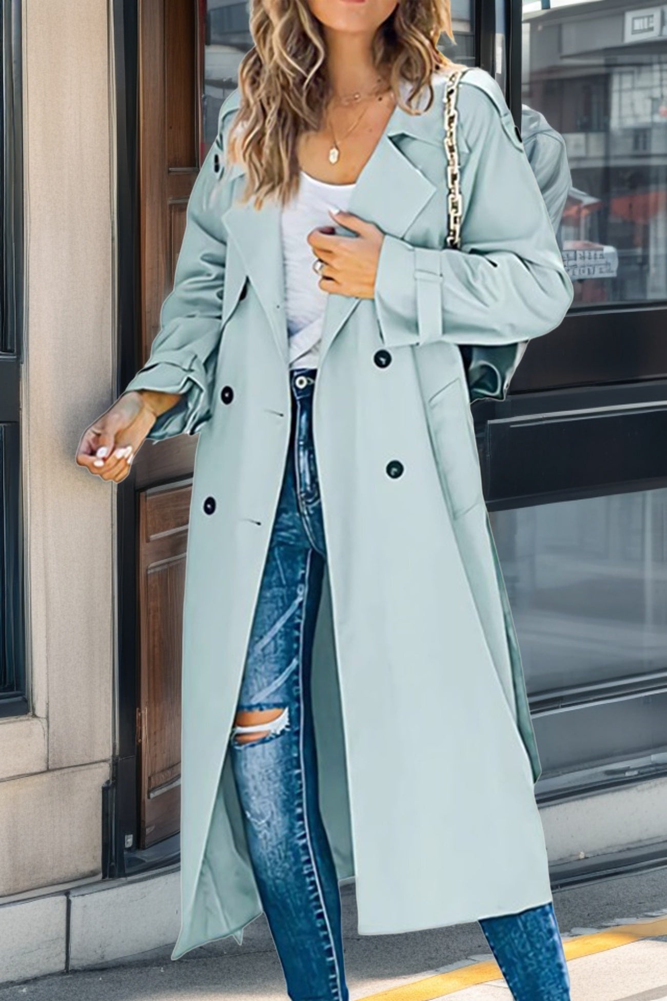 Women’s Trench Coat – Relaxed Fit – Full Length – Double-Breasted – Breathable Blend