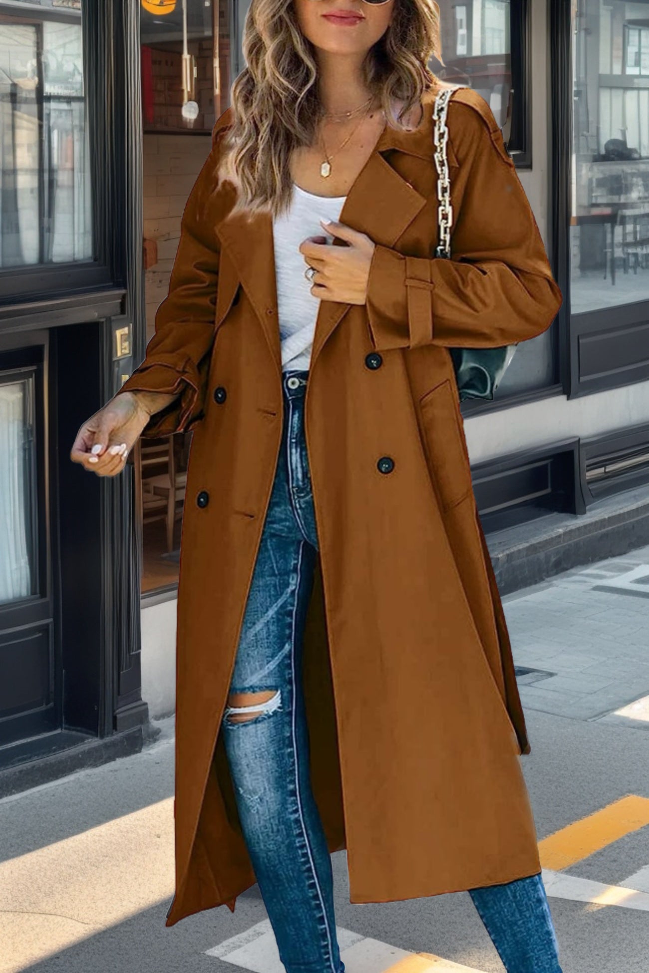 Women’s Trench Coat – Relaxed Fit – Full Length – Double-Breasted – Breathable Blend