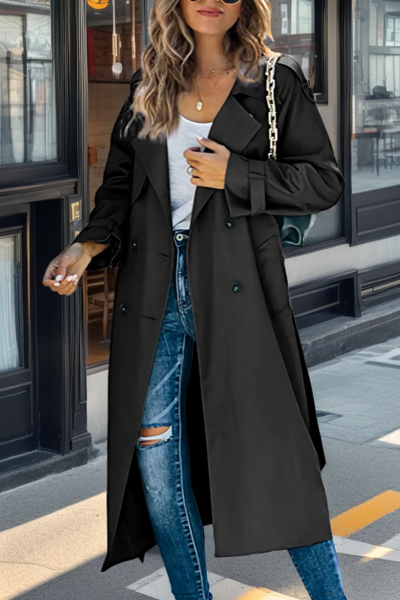 Women’s Trench Coat – Relaxed Fit – Full Length – Double-Breasted – Breathable Blend