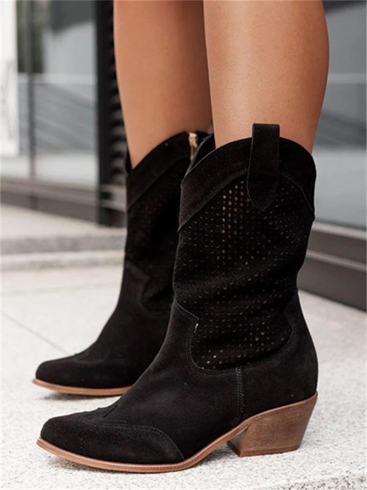 Women’s Cowboy Boots – Leather – Mid-Calf – Perforated Detail – Medium Heel – Side Zip