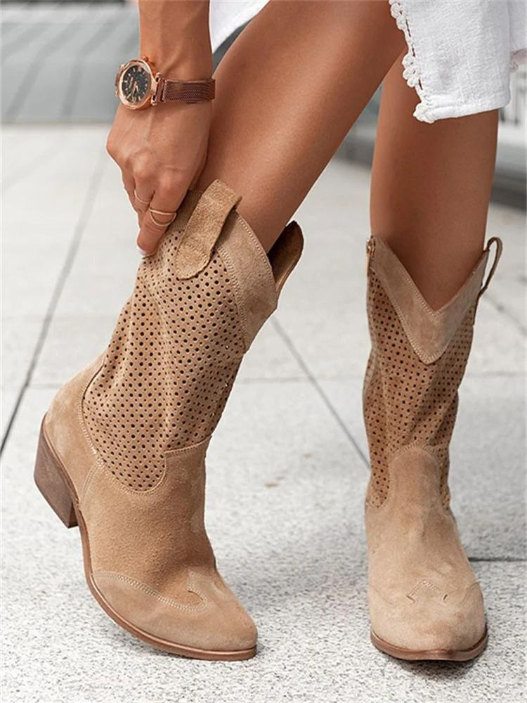 Women’s Cowboy Boots – Leather – Mid-Calf – Perforated Detail – Medium Heel – Side Zip