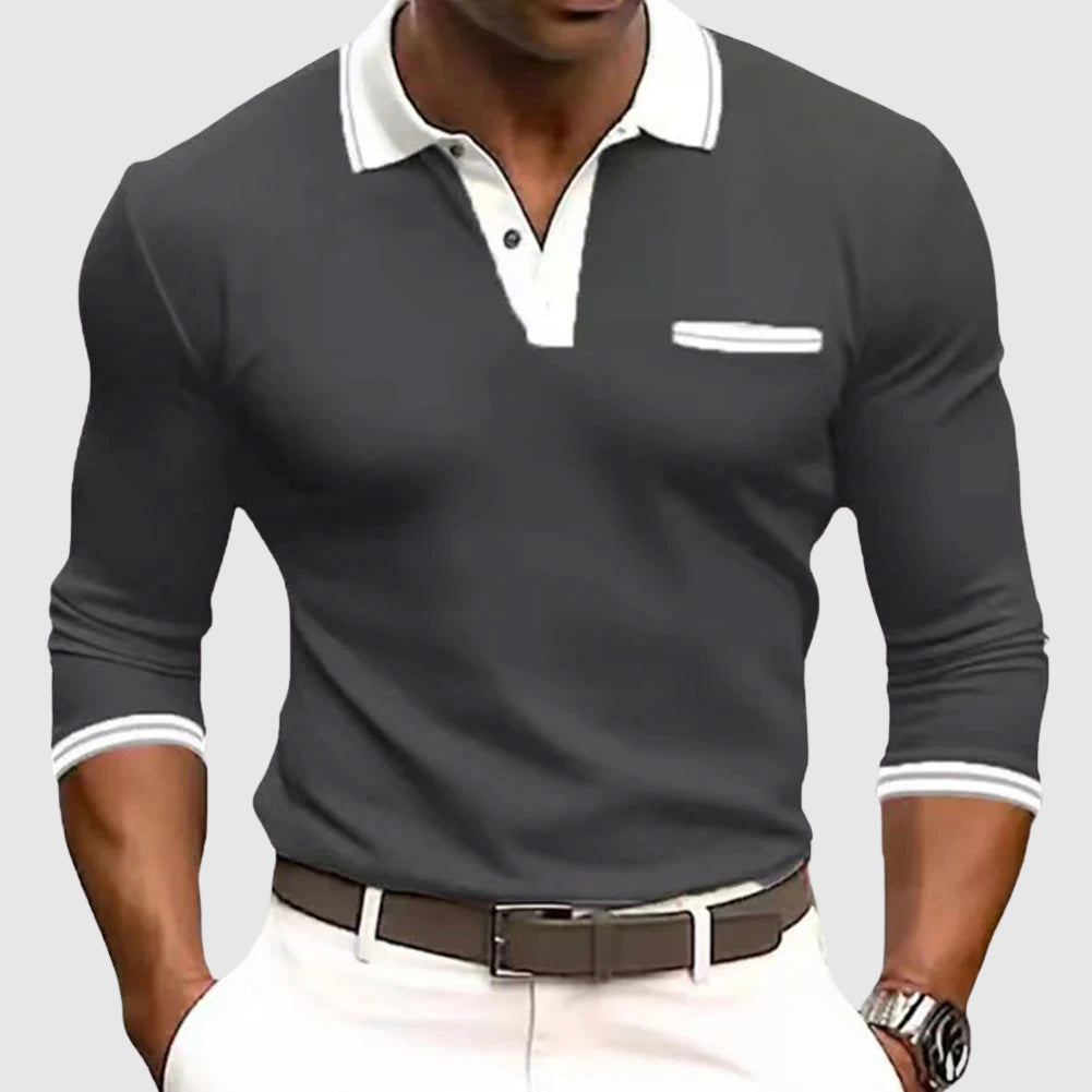 Men’s Long Sleeve Shirt – Slim Fit – Breathable Blend – Polo Collar – Chest Pocket