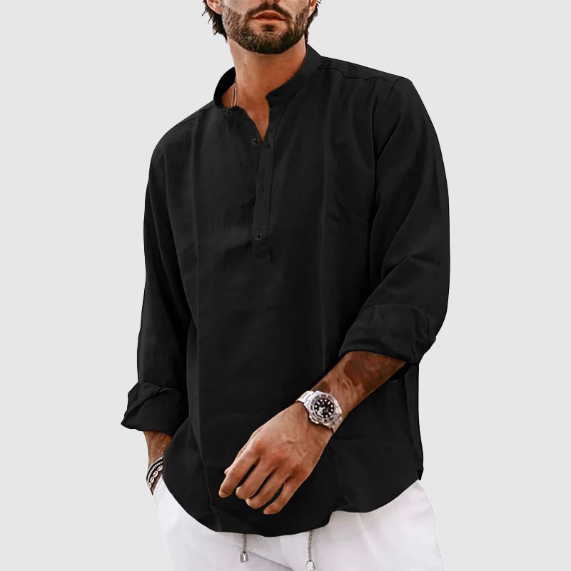 Men’s Henley Shirt – Relaxed Fit – Long Sleeve – Band Collar – Natural Fibers Casual Wear
