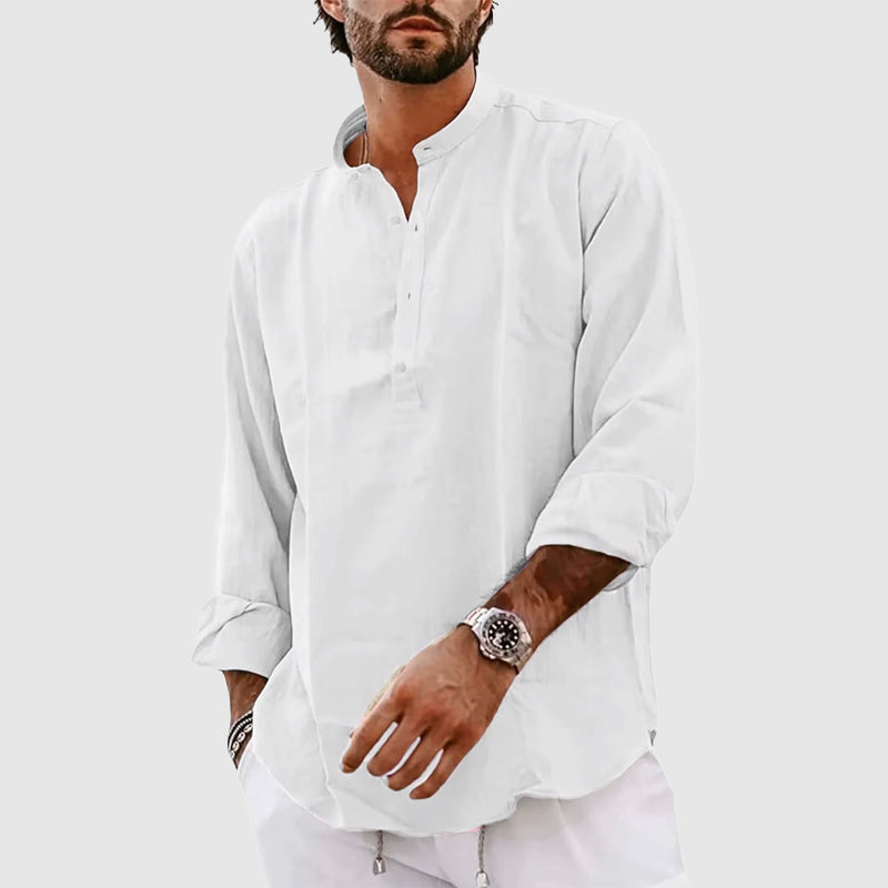 Men’s Henley Shirt – Relaxed Fit – Long Sleeve – Band Collar – Natural Fibers Casual Wear