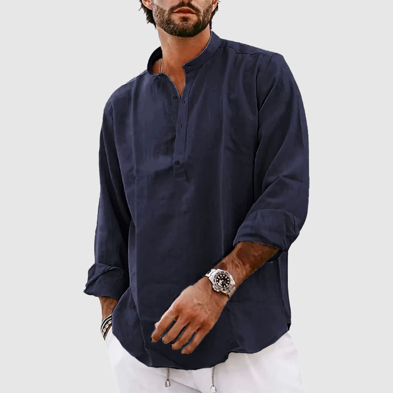 Men’s Henley Shirt – Relaxed Fit – Long Sleeve – Band Collar – Natural Fibers Casual Wear