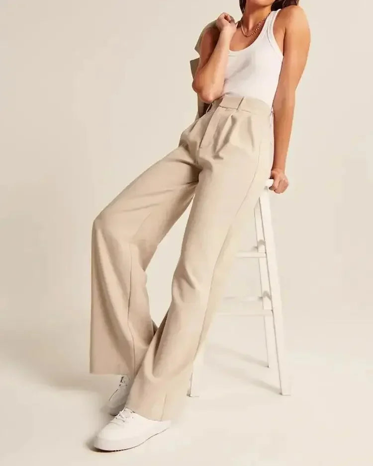 Women’s Wide-Leg Trousers – High Waist – Wool Blend – Pleated Front – Full Length