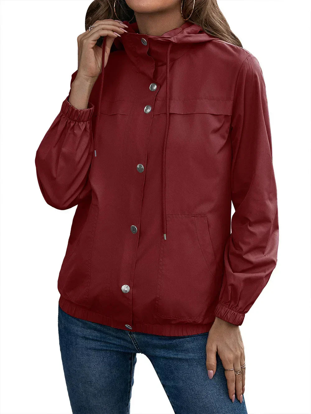 Women’s Trench Coat – Waterproof Hooded – Relaxed Fit – Elastic Cuffs – Snap Closure