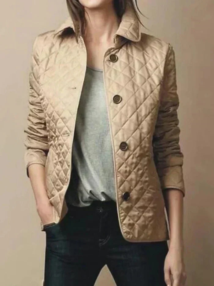 Women’s Quilted Jacket – Diamond Pattern – High Collar – Button Closure – Tailored Fit