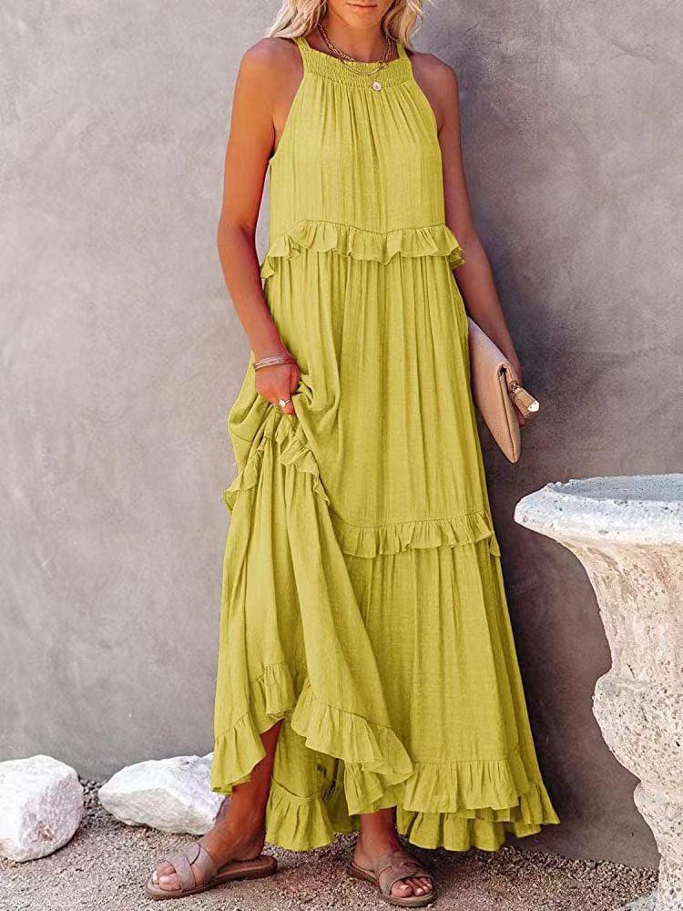 Women's Maxi Dress - Halter Neck - Sleeveless Flowy Fit - Ruffle Detail Elegant Casual Wear