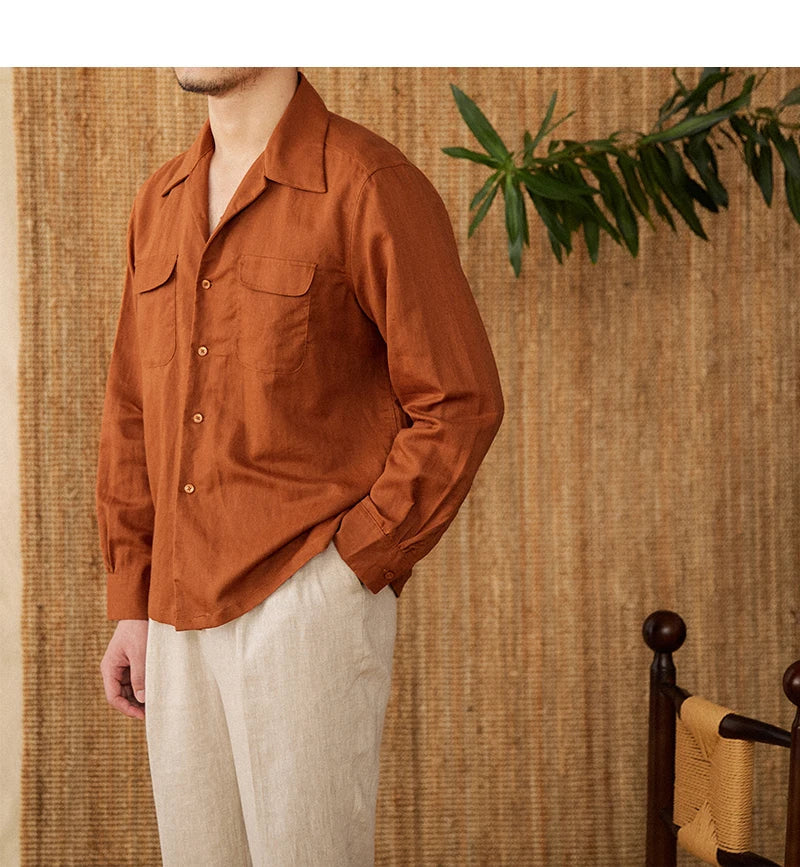 Men’s Linen Shirt – Relaxed Fit – Long Sleeve – Button-Up – Chest Pockets – Casual Wear
