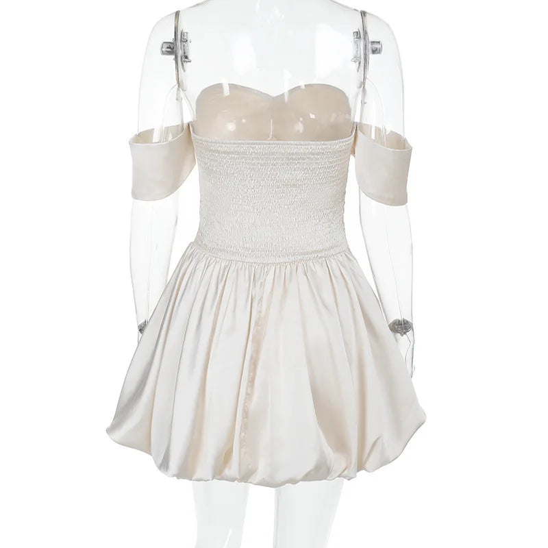 Women's Off-Shoulder Mini Dress - Sweetheart Neckline - Ruched Bodice - Flared Ruffled Hem