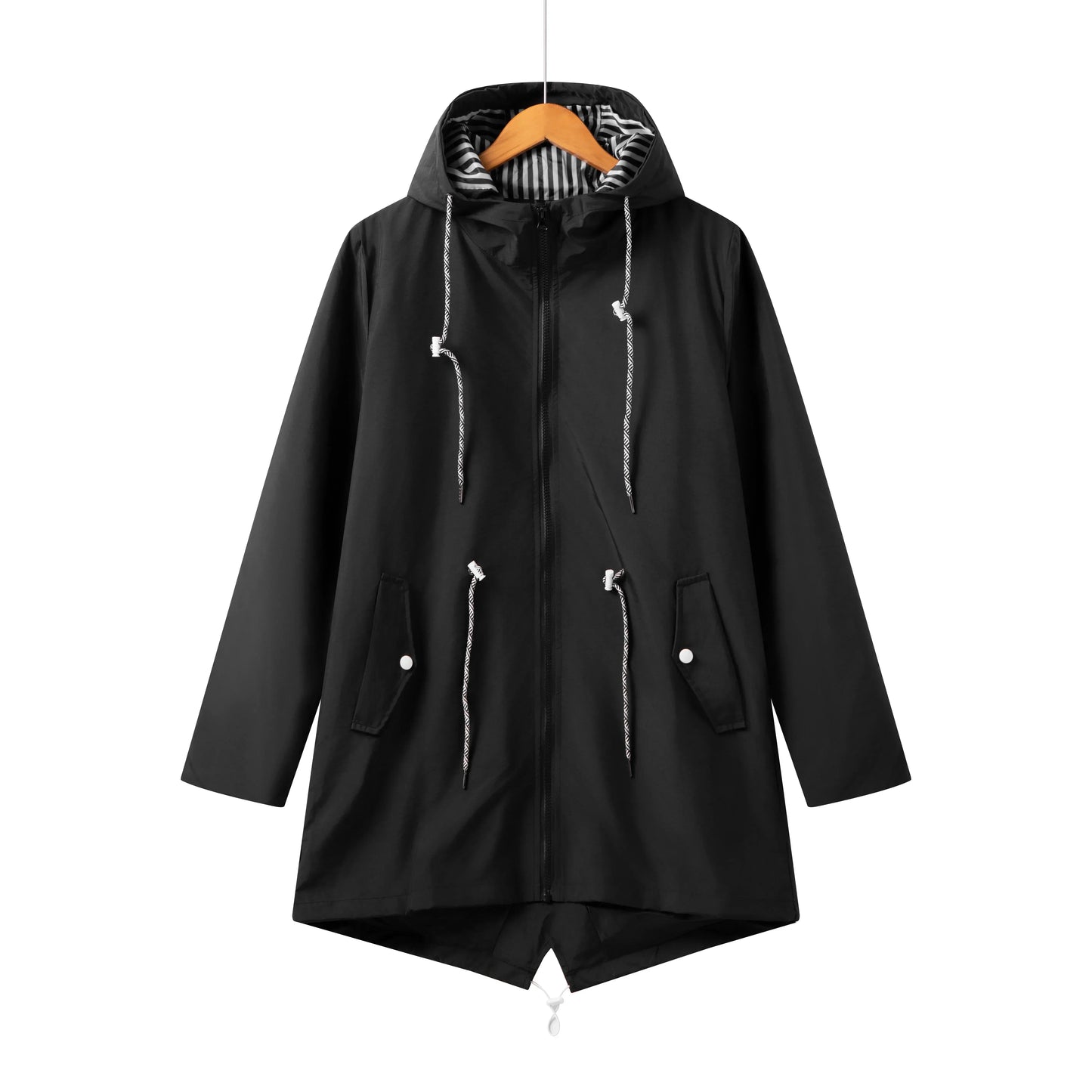 Women’s Trench Coat – Waterproof Fabric – Relaxed Fit – Hooded with Zip Closure