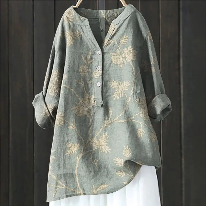 Women's Tunic Blouse - Cotton Blend - Relaxed Flowing Silhouette - Bold Floral Print