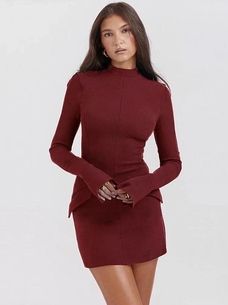 Women's Bodycon Mini Dress - Long Sleeve - High Neck - Figure-Hugging Elegant Fit