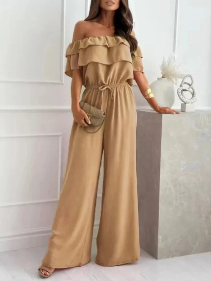 Women’s Jumpsuit – Off Shoulder – Ruffle Neckline – Wide Leg – Breathable Blend