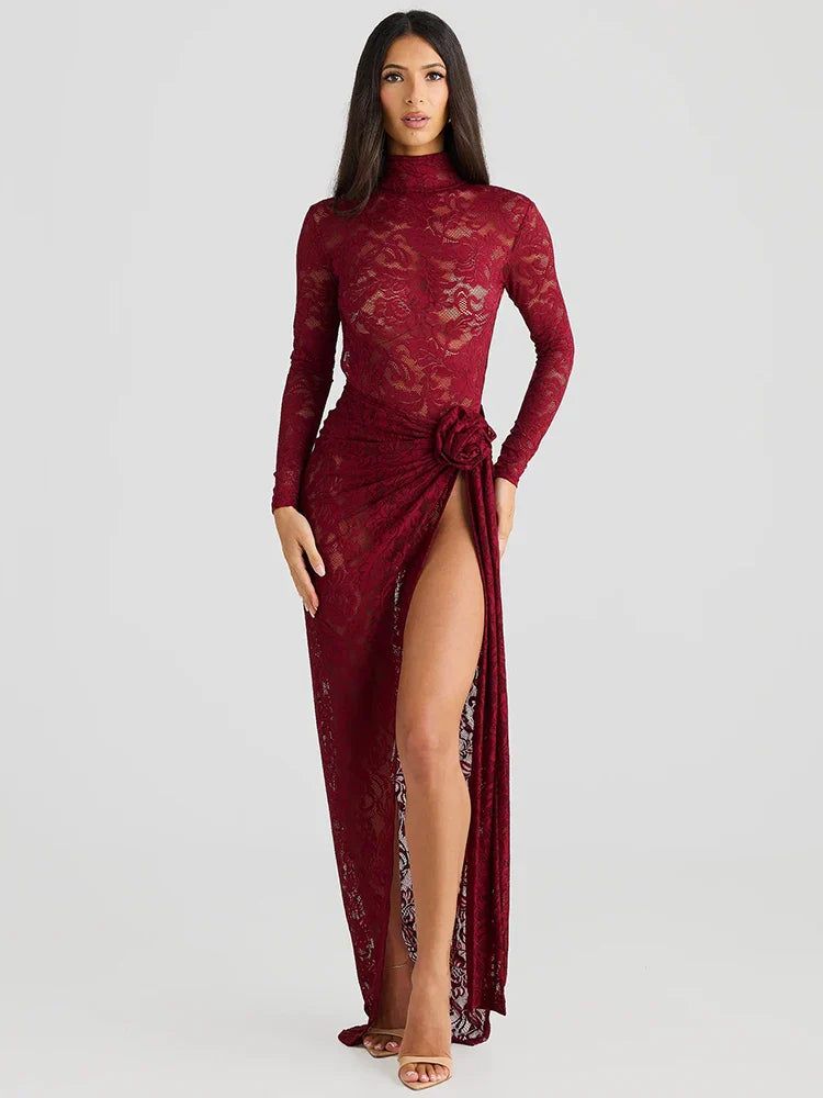 Women’s Slip Dress – Lace Bodycon Fit – Long Sleeve – High Neck – Thigh Slit