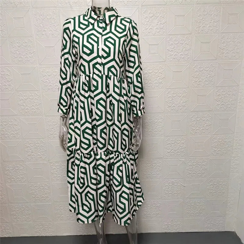 Women’s Midi Dress – Relaxed Fit – Tiered Silhouette – Geometric Print – Cotton Feel