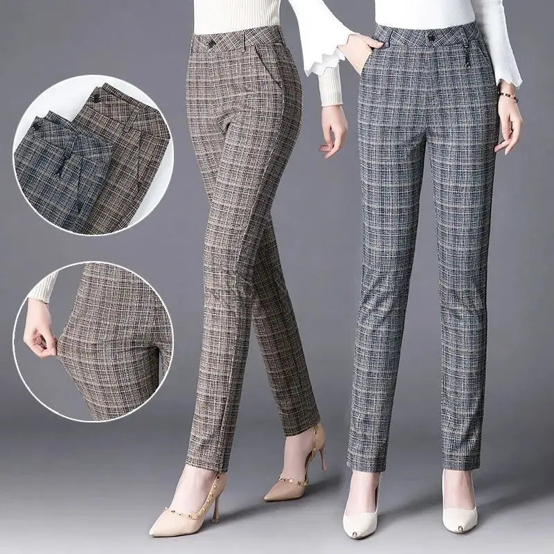 Isla Slim Fit Trousers | Plaid High-Waisted Trousers