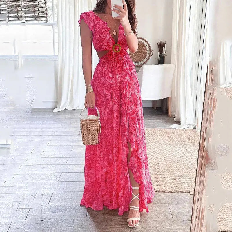 Women's Maxi Dress - V-Neck Ruffle Sleeve - Cut-Out Waist - Flowy Bohemian Print