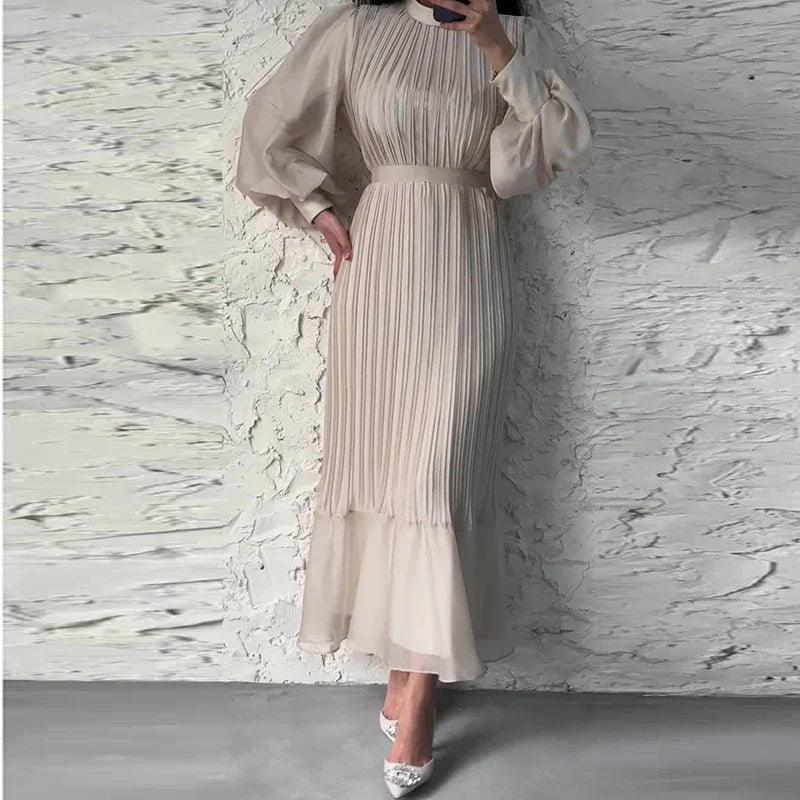 Women's Midi Dress - Pleated Design - Fitted Waist - Long Puff Sleeves - Elegant Fit