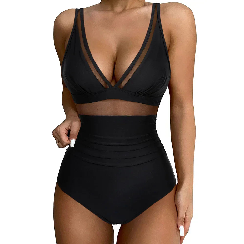 Women’s One-Piece Swimsuit – Sculpting Fit – Mesh Panels – High-Cut Leg – Supportive Straps