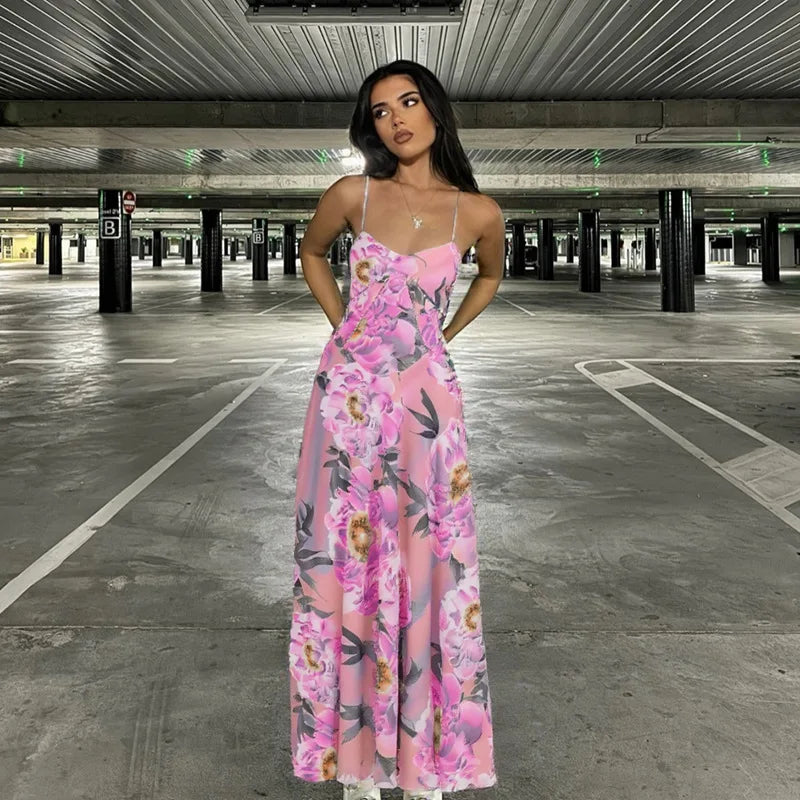 Women's Maxi Dress - Floral Print - Spaghetti Strap - Flowy Elegant Fit
