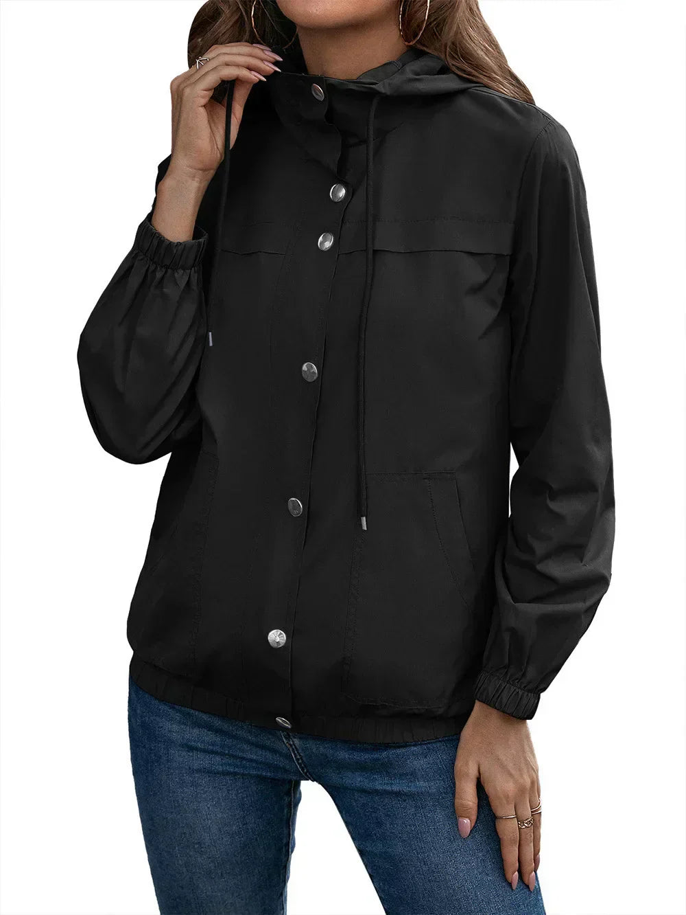 Women’s Trench Coat – Waterproof Hooded – Relaxed Fit – Elastic Cuffs – Snap Closure