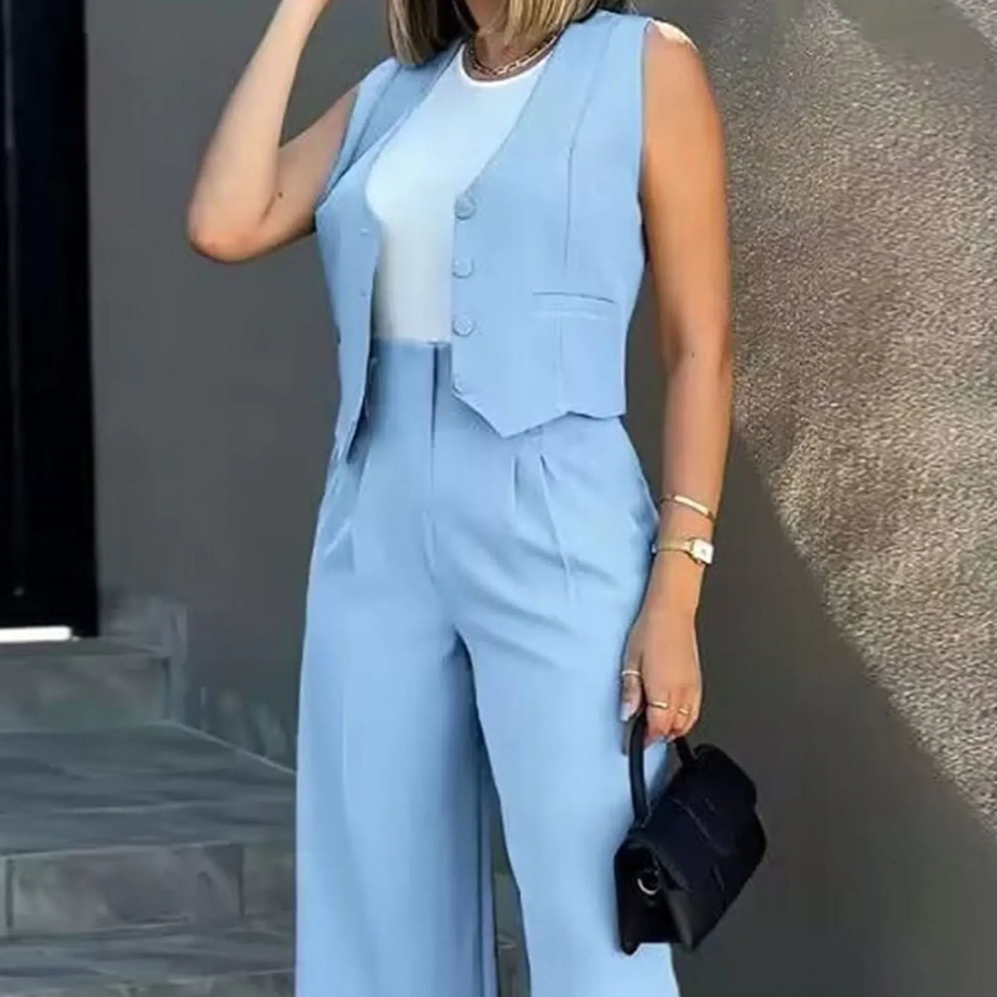 Women’s Vest and Pants Set – Tailored Fit – Cropped Vest – High Waist – Wide Leg Pants