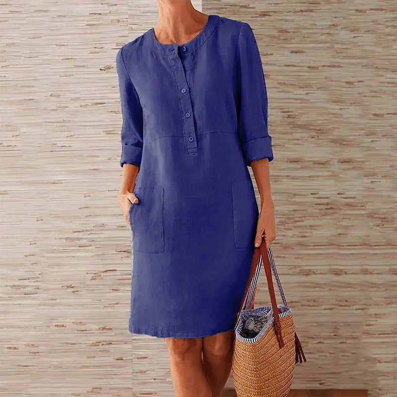 Women's Casual Dress - Lightweight Breathable Fabric - Knee-Length - 3/4 Sleeve with Pockets