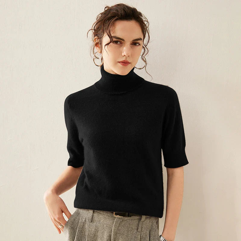 Ivy Ribbed Trim Turtleneck Tee | Short Sleeve Solid Turtleneck Tee