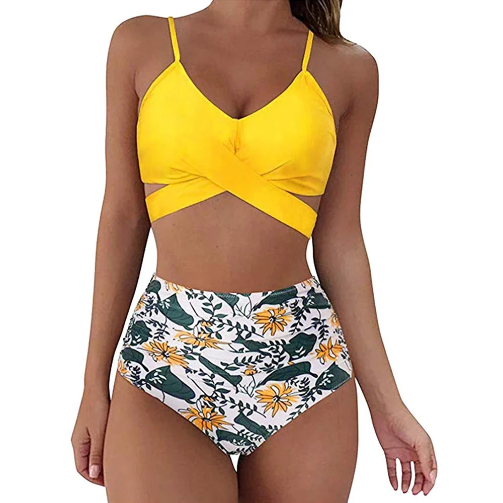 Women’s Bikini Set – Slim Fit Cross Front Top – High Waisted Ruched Bottoms