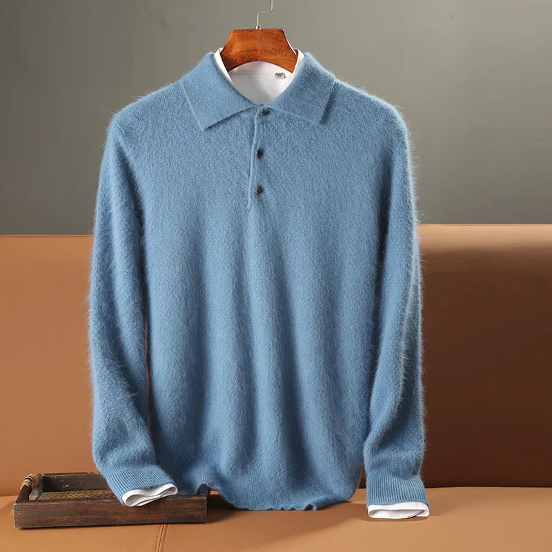 Men’s Polo Sweater – Wool – Relaxed Fit – Long Sleeve – Ribbed Hem & Cuffs