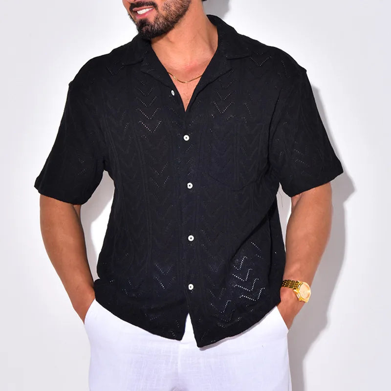 Men’s Knit Shirt – Soft Jacquard Texture – Relaxed Fit – Short Sleeve Casual Collar
